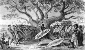 Danse des Landeens, ou Zoulous, arrivés à Shupanga pour lever le tribut annuel des Portugais, gravé par Josiah Wood Whymper (1813-1903) - English School